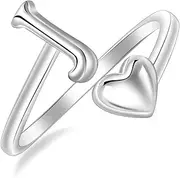 [Silbertale] 925 Sterling Silver Heart Ring with Letters Adjustable Size 50 to 58 Initial A-Z Letter Ring Individual Fashion Jewellery with Gift Box