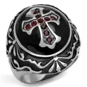 Anillo Color Plata Para Hombres y Ninos de Acero Inoxidable con Crus y Rubies