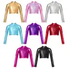 Girls Shiny Sequins Crop Top Long Sleeve Shirt Mock Neck Jazz Hip-Hop Dance AU