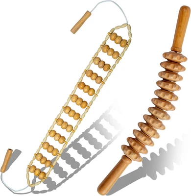 2PCS Wood Therapy Massage Kit Beech Body Sculpting Roller Stick Rope Set