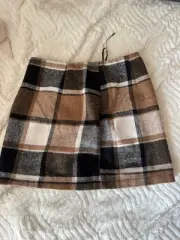 Plaid Brown Black Cream Skirt Size XS Wool Polyester