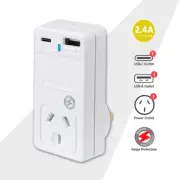 Sansai Recharge USB C + A Power Adaptor And Wall Charger With Surge Protection