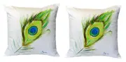 Pair of Betsy Drake Peacock Feather No Cord Pillows 18 Inch X 18 Inch