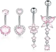 [Aumeo] Surgical Steel Belly Button Ring 14G Dangle Belly Button Rings for Women Sliver Pink CZ Heart Butterfly Flower Navel Piercing Jewelry