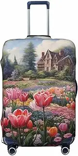 [CADREWY] Tulip Garden Print Travel Suitcase Cover Luggage Protector with Elastic Anti Scratch for Carry On, Black, Large