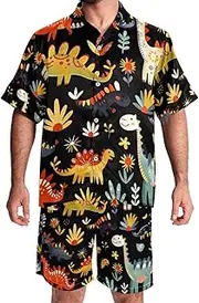 [KQNZT] Hawaiian Shirt for Men, Mens 2 Piece Short Set, Men Beach Outfits Sets, Coconut Tree Flower Dinosaur Cartoon, Men Summer Outfits