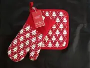WILLIAMS SONOMA SILICONE TREE OVEN MITT & POTHOLDER RED NEW