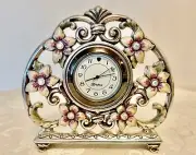 Brighton Collectibles Silver Tone Desk Clock Victorian Style Purple Flower New