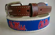 Ole Miss University Miss Mens Leather Canvas Woven Ribbon Belt Size 50 NWT