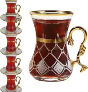 Gold Vintage Turkish Tea Glasses Cups and Saucers Set of 6 Drinking Glassware Pa