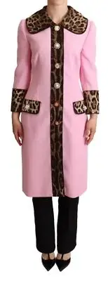 Dolce&Gabbana Women Pink Trench Coat Wool Leopard Print Casual Overcoat Sz IT 38
