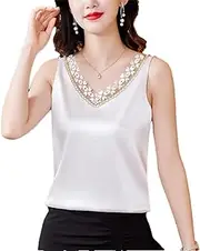 [Generic] Womens Spring Summer Silk Satin Vest Shirt V Neck Patchwork Lace Embroidered Tank Tops