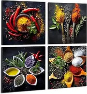 [Deveosa] Kitchen Wall Art Decor - 4 Pieces Colorful Spices And Spoon Kitchen Artwork Frames Food Wall Art Pictures Canvas Dining Room Modern Decorations