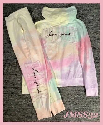 Victoria's Secret Pink Tie Dye Full Zip Hoodie + Jogger Pants Set Sunset L NWT