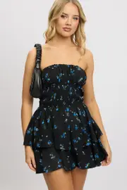 Black Floral Strapless Playsuit Ruffled Hem - Size 12M, Women's Playsuit
