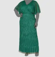 Adrianna Papell Women's Green Sequin Beaded Surplice Maxi Dress Plus Size 14W