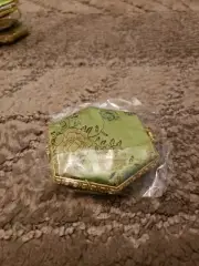 Two Sided Hexagon Shaped Padded Silk Embroidered Make-up Mirror Compact Green