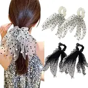4 PCS Mesh Bow Love Polka Dot Ribbon Hair Tie Small Fringe Pearl Headband Scrunchies Elastic Hair Bands for Women Girls Ponytail Holders Rubber Bands Accessories (Style1, One size)