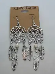 Native American Howlite Bead Dream Catcher Tibetan Silver Dangle Earrings Boho