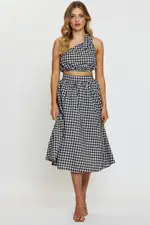 Check Crop Top One Shoulder Linen - Size L, Women's Crop Top