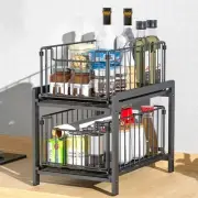 2-Layer Pull Out Cabinet Organizer Carbon Steel Spice Jar Storage Rack Kitchen