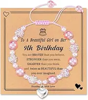 [YUJINGTING] 4th-14th Birthday Gifts for Girls, Girls Bracelets Adjustable Pink Pearl and Rhinestone with Heart Charm, Card, and Gift Boxes for 4-14 Year Old Girl Gifts Daughter Granddaughter Niece