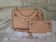 New Coach Tammie Chain Bag+Wallet+Dustbag SET Leather Peach Floral Embroidered❣️