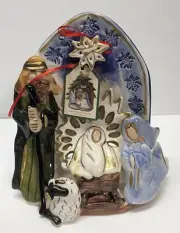 Manger Mary Joseph Baby Jesus Heavens Tea Light Candle Holder Blue Sky Clayworks