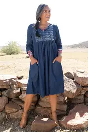 Denim Block Print Dress--ORI-91064