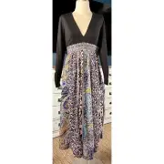 NWT New $220 Anthropologie Deep V Mixed Print Embroidered Black Maxi Dress 4