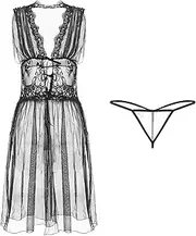 [Meow Meow Lace] MML Women See Through Lace Babydoll Boudoir V Neck Chemise Sexy Exotic Open Front Negligee with Thong(G-string)