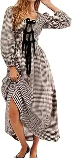 [ABYOVRT] Women Plaid Maxi Dress Long Puff Sleeve Square Neck Flowy Boho Dress Bow Tie Smocked Fall Dresses