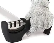 4-in-1 Kitchen Knife Accessories: 3-Stage Manual Knife Sharpeners Tool Helps Repair, Restore, Polish Blades and Cut-Resistant Glove (Black)