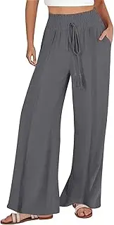 [Generic] Women Fall Pants Summer Wide Leg Pants Drawstring Elastic Waist Pants High Waisted Pants Casual Beach Trousers Straight Fit