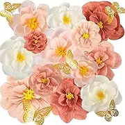 36 Pcs Tissue Paper Flowers, Crepe Paper Flowers Decorations, Large Paper Flower w 3D Butterfly for Nursery Room Wedding Birthday Garden Party & Events Wall Décor(Pink White),Paper Flower Decoration