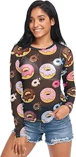 [ODAWA] Colorful Donuts Long Sleeve Sheer Blouse Mesh Crop Tops O Neck Clubwear for Women