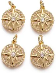 [Ornazy] 10Pcs Crystal Brass Micro Pave Cubic Zirconia Navigation Charms Vintage Golden Colour Compass Charms for Jewellery Making Necklace Pendant, Non-Precious Metal