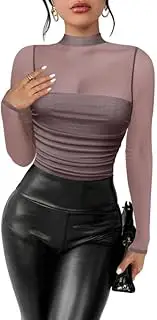 [Kentysill] Women's Sexy Bodysuit for Outfits: Mock Turtle Neck Long Sleeve Thong Body Suit Mesh Ruched Going Out Tops