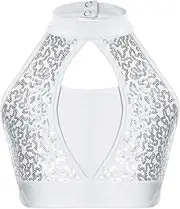[inhzoy] Girls Shiny Sequin Latin Jazz Hip Hop Dance Crop Tank Top Stage Performance Costume Dancewear
