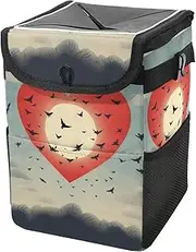 Car Trash Can with Lid and Storage Pockets Leak-Proof Organizer,Multipurpose Trash Bin for Car,Birds Flying Around Heart