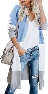 [Misassy] Womens Open Front Long Sweater Cardigans Boho Long Sleeve Color Block Knit Lightweight Kimono Duster Coats - Blue - Medium