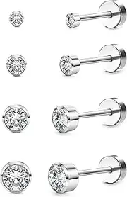 [Kakonia] 4 Pairs G23 Titanium Stud Earrings for Women Girls Silver Earrings Set Cubic Zirconia Nickel Free Mens Earrings Cartilage Earrings Hypoallergenic for Sensitive Ears 3/4/5/6mm
