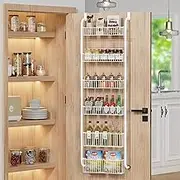 Over The Door Organizer, 6-Tier Baskets Pantry Door Organization Shelf, Durable Metal Hanging Kitchen Spice Rack, Bathroom Door Storage Bottles Rack,White