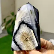 92G Natural black blossom stripe agate ObeliskQuartz Crystal Tower Healing
