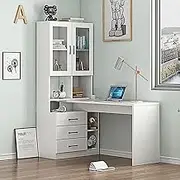 Luxsuite Computer Desk with Bookcase Office Desk Study Table Writing Table Shelving Bookshelf Workstation with Drawers Shelves Cabinets White Home Office