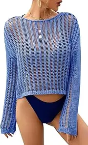 [KEOYA] Women Crochet Swimsuit Cover Ups Long Sleeve Hollow Out Knit Sweater Bikini Beach See Through Coverups Tunic Top