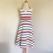 Nicholas Nautical Stripe Dress Red White Navy Halter Fit Flare Size 12 BNWT