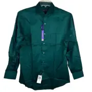 Geoffrey Beene Mens Sateen Dark Green Dress Shirt 15 (32/33) Classic Fit No Iron