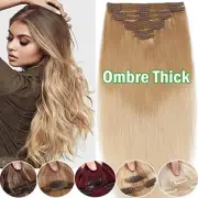 Real Double Weft Clip in Remy Human Hair Extensions Thick Full Head Blonde Ombre