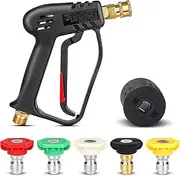 Jynalto Short Pressure Washer Gun - Pressure Washer Handle Gun with 5 Nozzle,Stubby Pressure Washer Gun Compatible with Karcher Hose and M22-14MM Fitting Hose